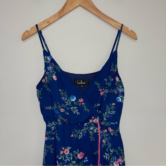 Lulus Midi Dress Size Small Darling‎ Date Navy Blue Floral Ruffled Wrap Fitted - Picture 4 of 14